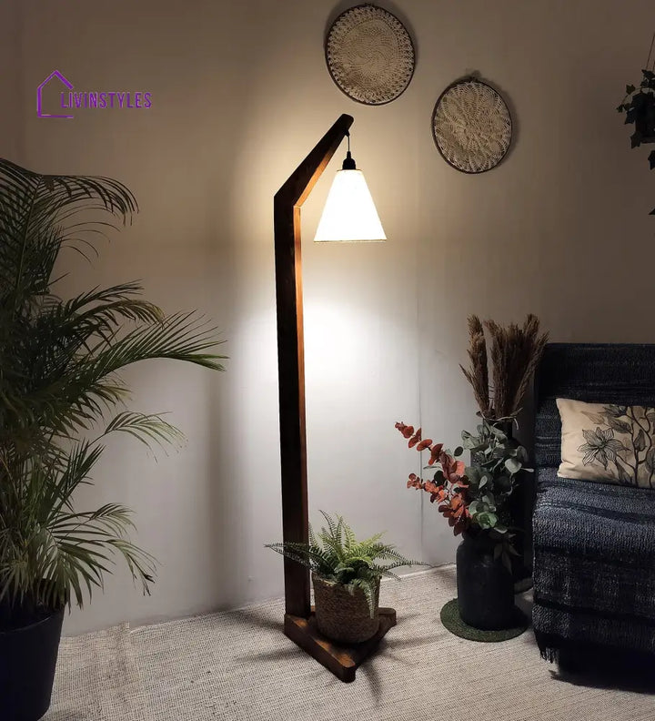 Charles Wooden Floor Lamp With Brown Base And Jute Fabric Lampshade Lamps