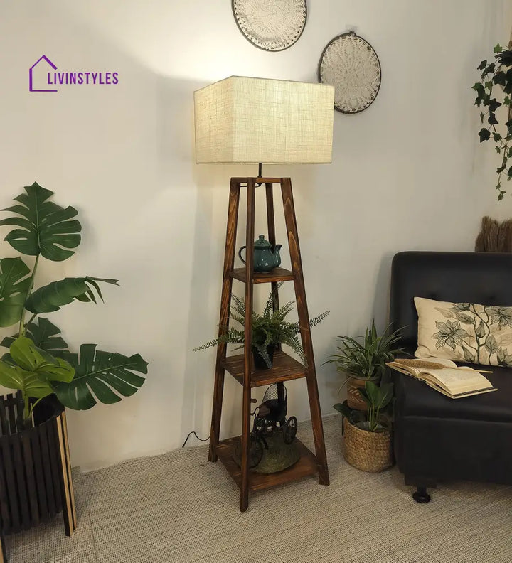 Charlotte Wooden Floor Lamp With Brown Base And Jute Fabric Lampshade Lamps