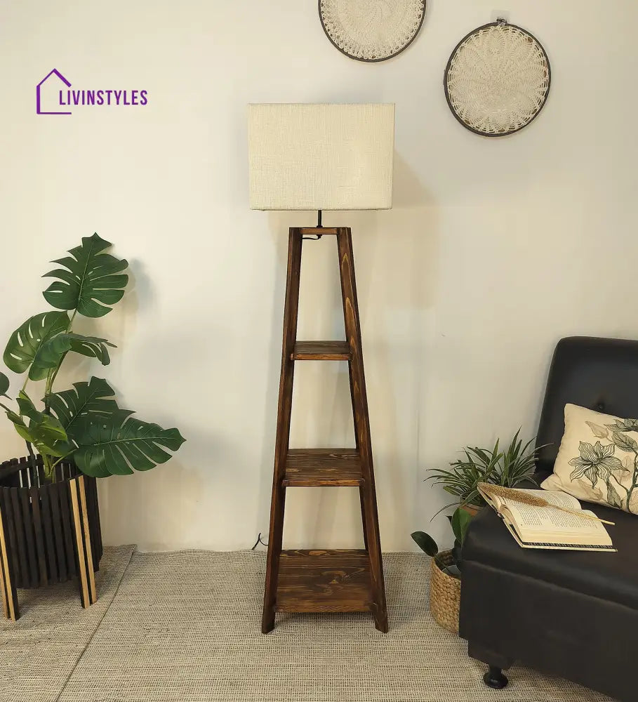 Charlotte Wooden Floor Lamp With Brown Base And Jute Fabric Lampshade Lamps