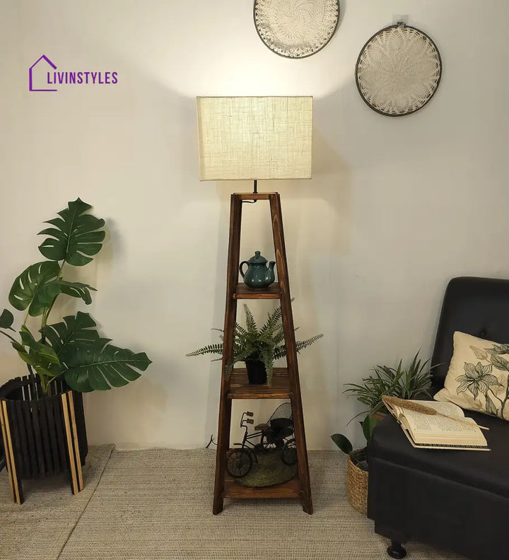 Charlotte Wooden Floor Lamp With Brown Base And Jute Fabric Lampshade Lamps