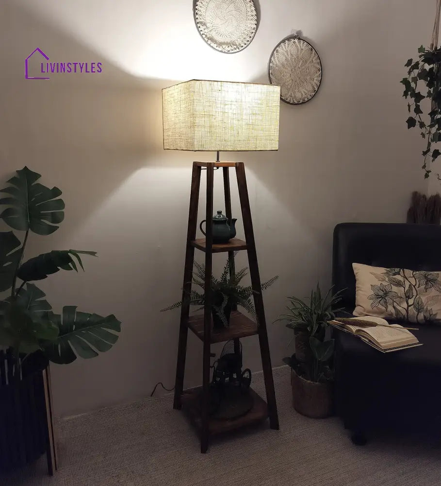 Charlotte Wooden Floor Lamp With Brown Base And Jute Fabric Lampshade Lamps