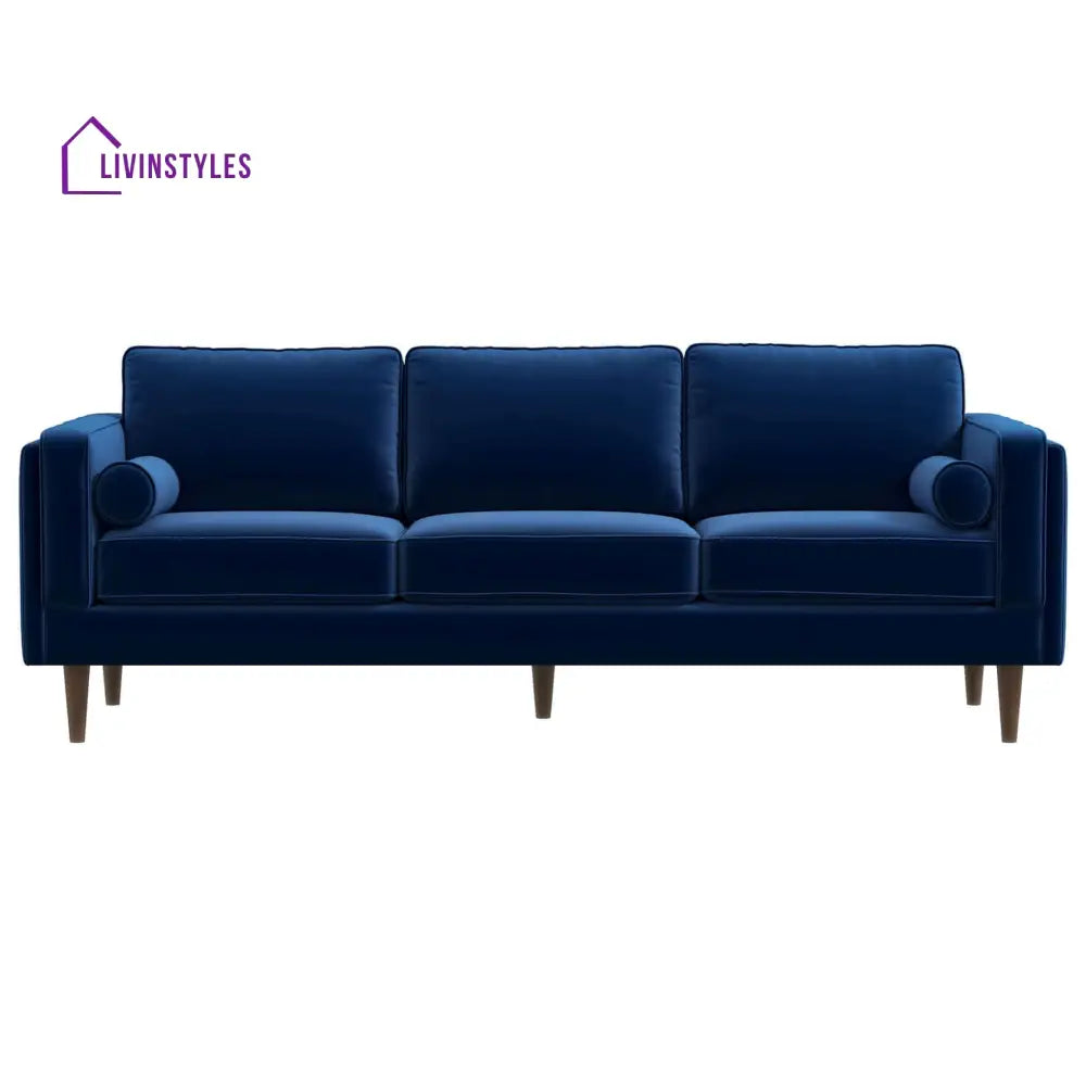 Chhaya Blue Three Seater Velvet Sofa For Living Room