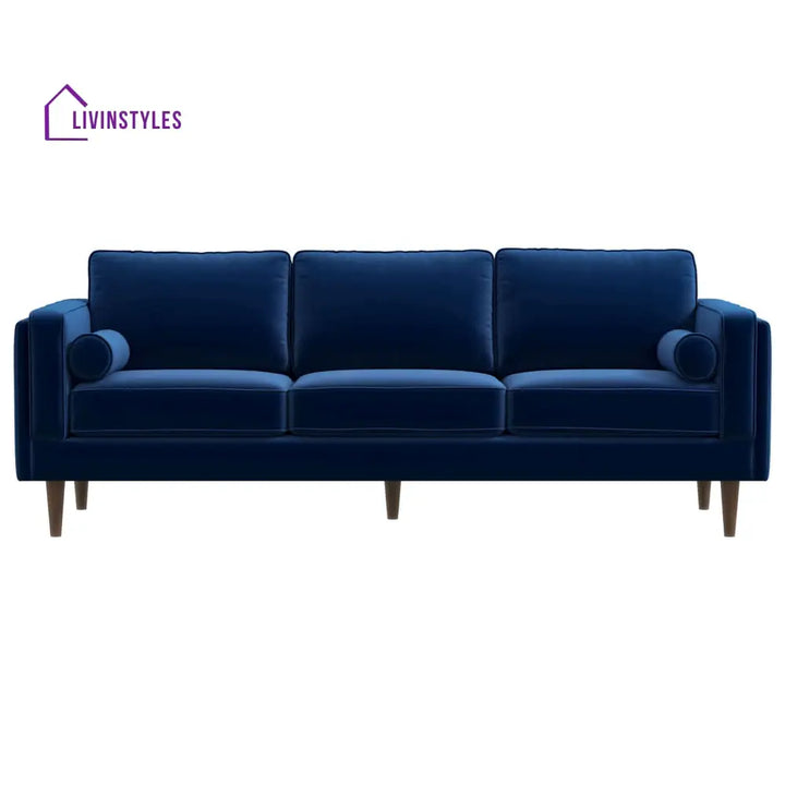 Chhaya Blue Three Seater Velvet Sofa For Living Room