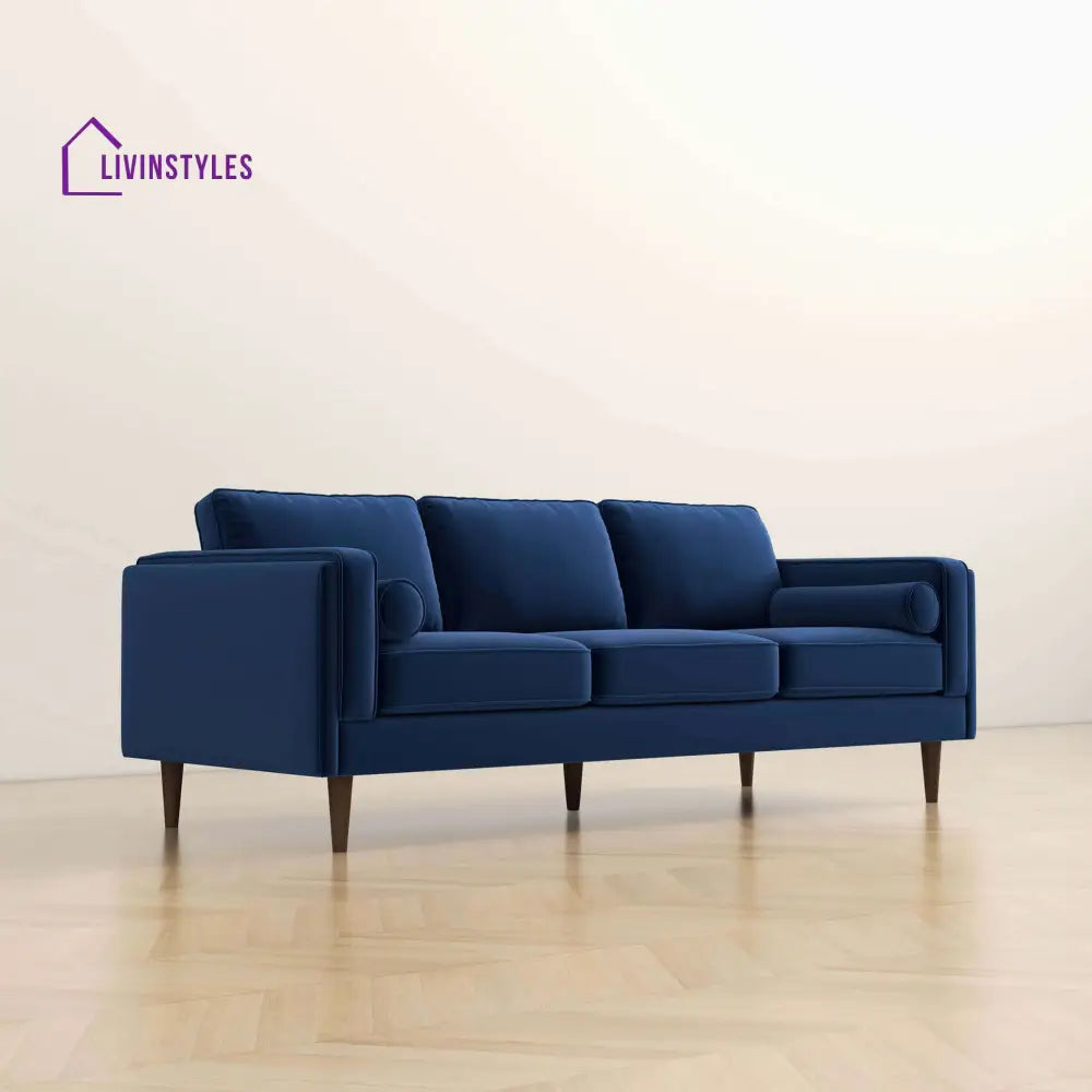 Chhaya Blue Three Seater Velvet Sofa For Living Room