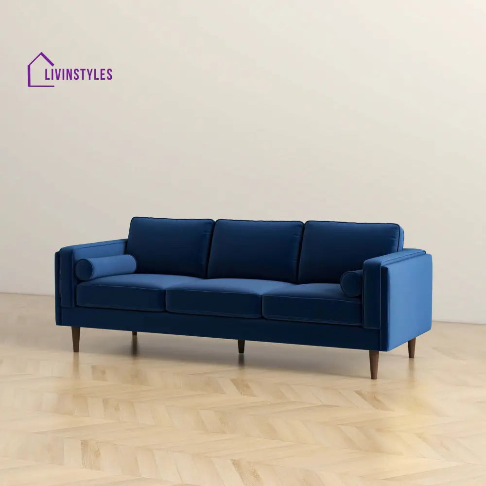 Chhaya Blue Three Seater Velvet Sofa For Living Room