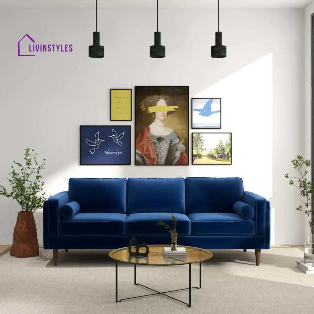 Chhaya Blue Three Seater Velvet Sofa For Living Room