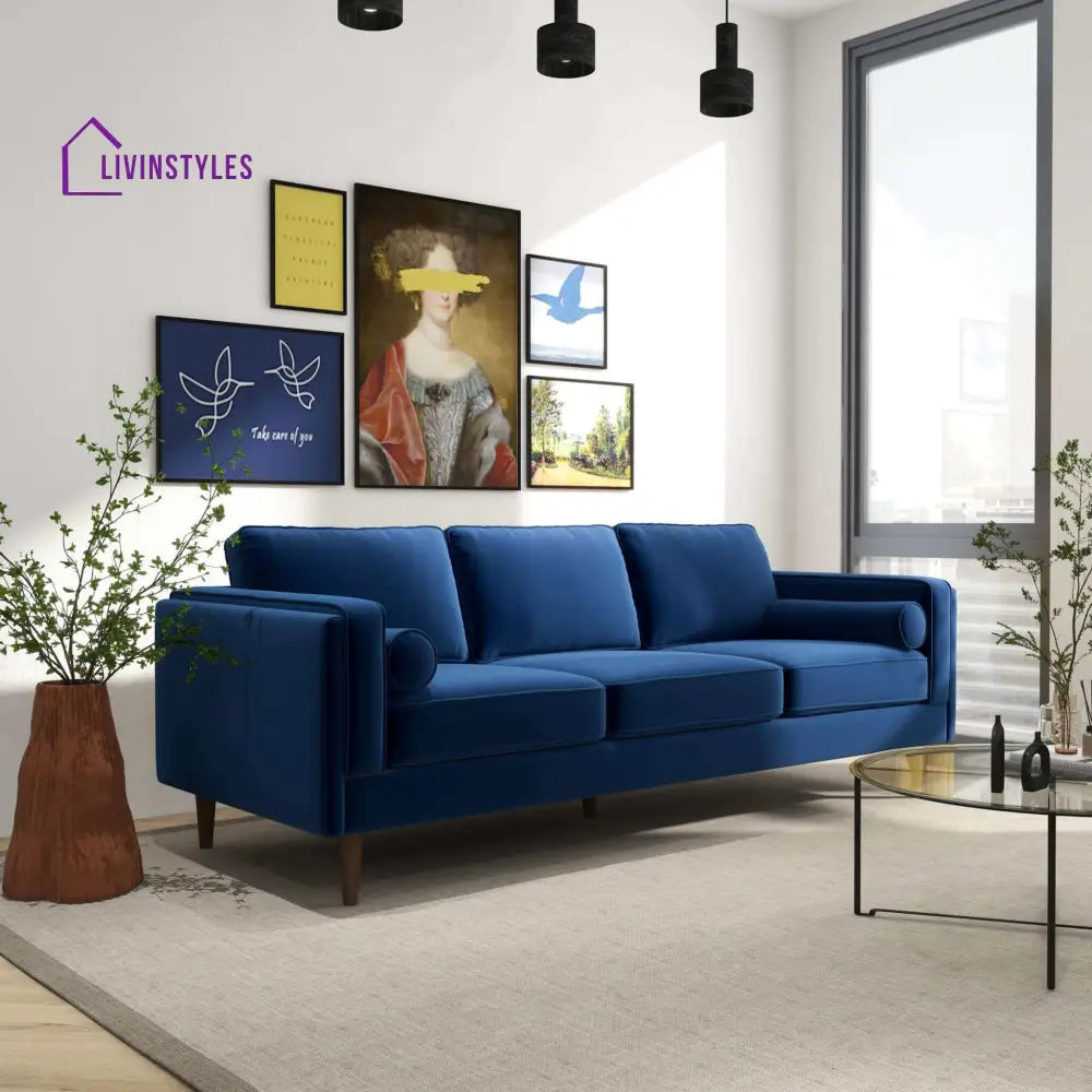 Chhaya Blue Three Seater Velvet Sofa For Living Room