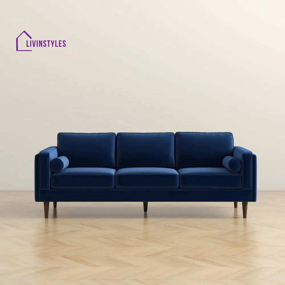 Chhaya Blue Three Seater Velvet Sofa For Living Room