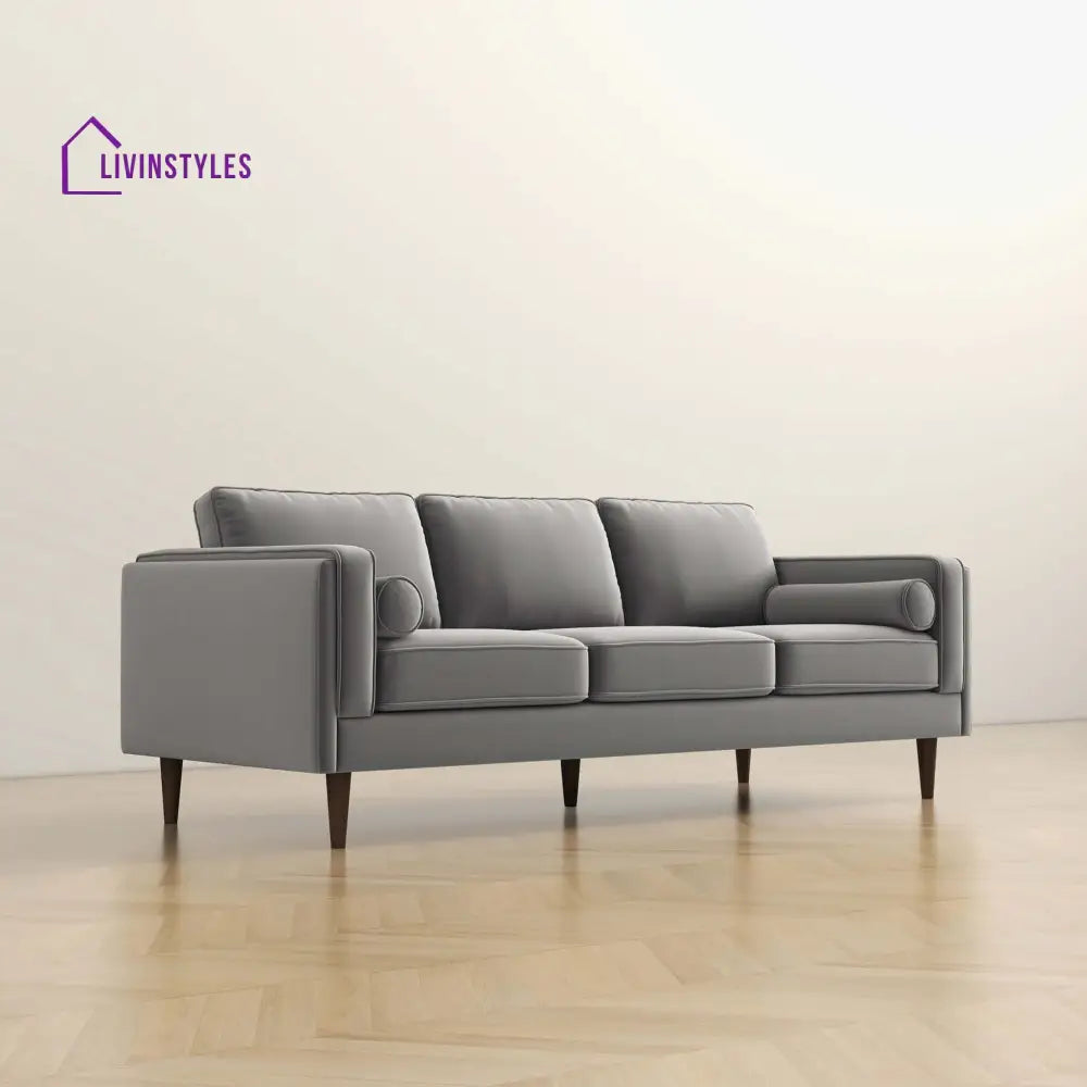 Chhaya Grey Three Seater Velvet Sofa For Living Room