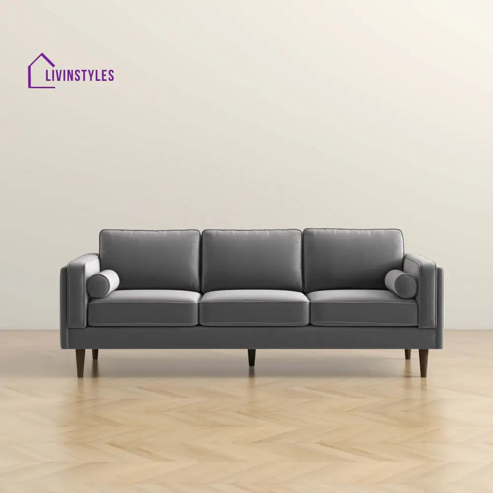 Chhaya Grey Three Seater Velvet Sofa For Living Room