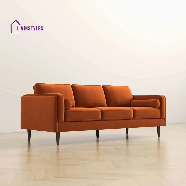 Chhaya Orange Three Seater Velvet Sofa For Living Room