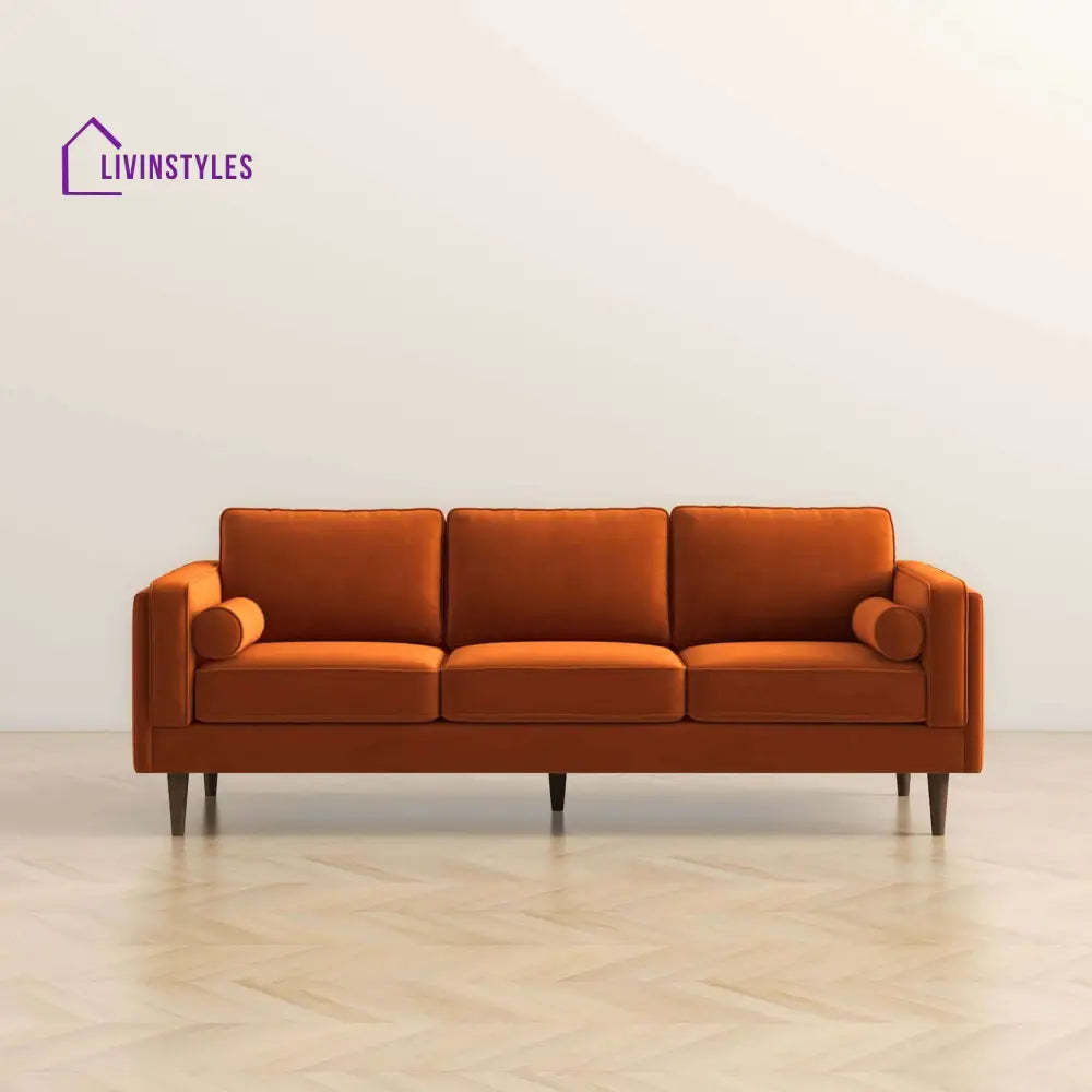 Chhaya Orange Three Seater Velvet Sofa For Living Room