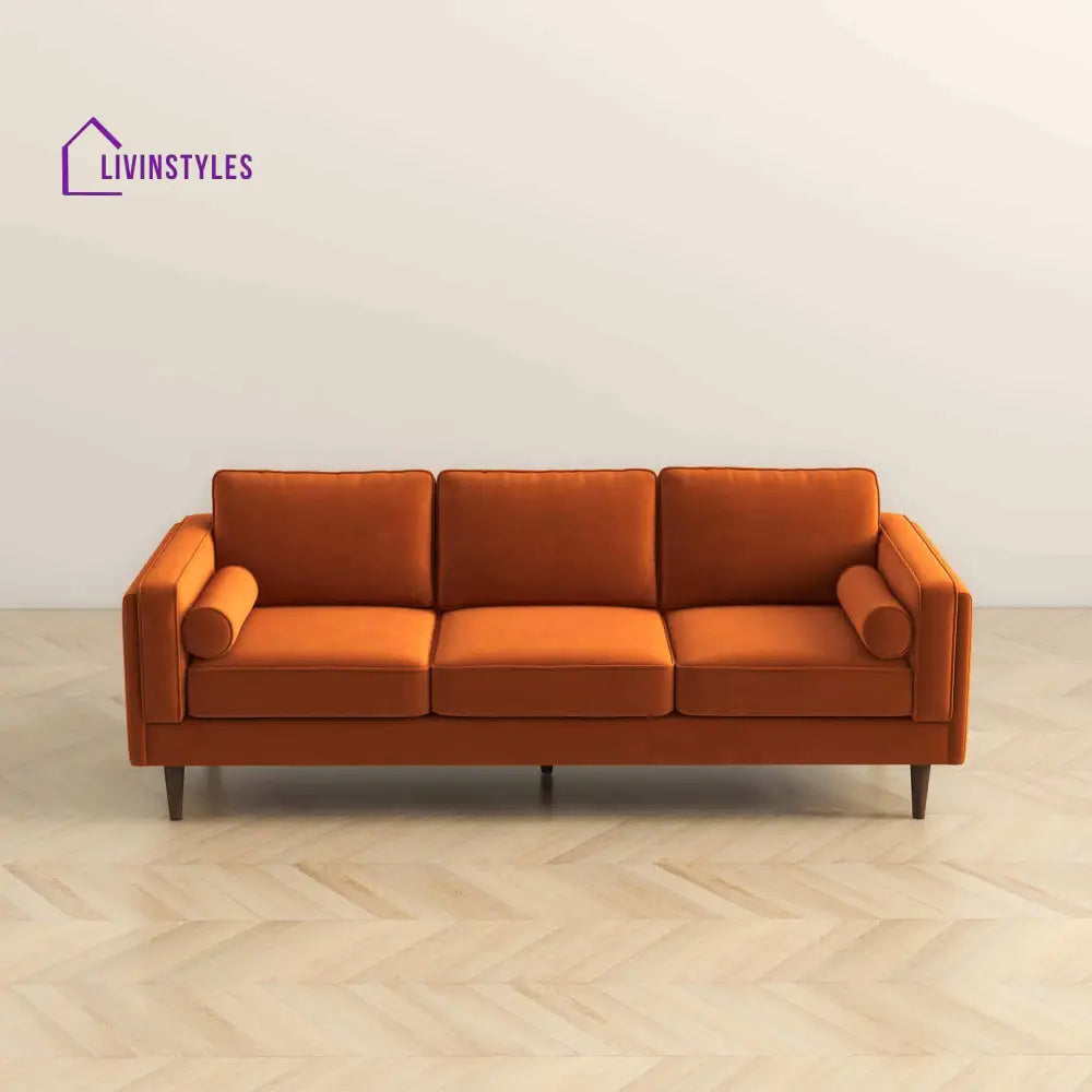 Chhaya Orange Three Seater Velvet Sofa For Living Room