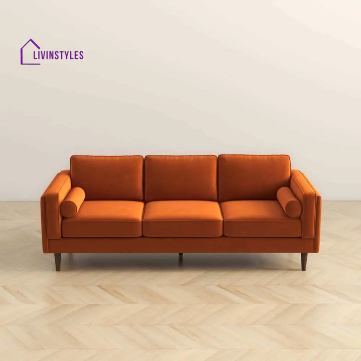 Chhaya Orange Three Seater Velvet Sofa For Living Room