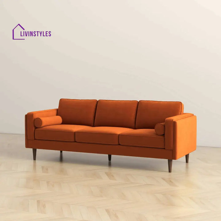 Chhaya Orange Three Seater Velvet Sofa For Living Room