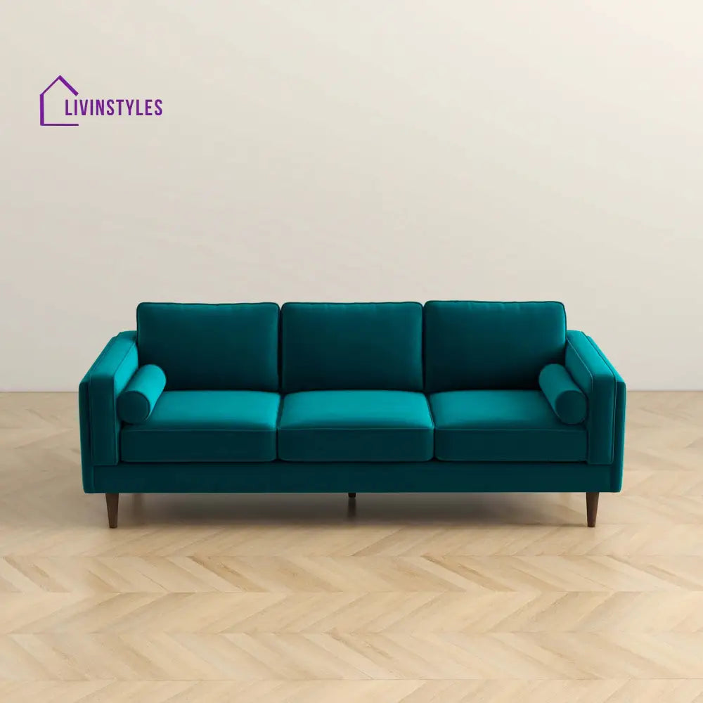 Chhaya Teal Three Seater Velvet Sofa For Living Room