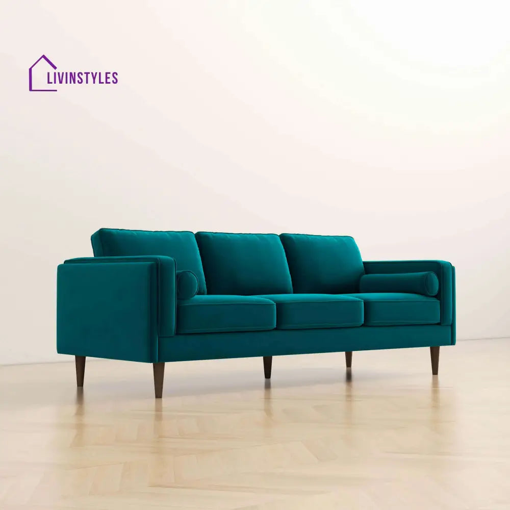 Chhaya Teal Three Seater Velvet Sofa For Living Room