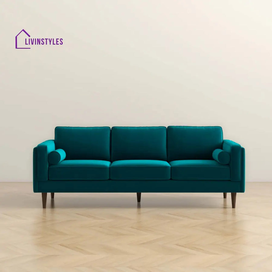 Chhaya Teal Three Seater Velvet Sofa For Living Room