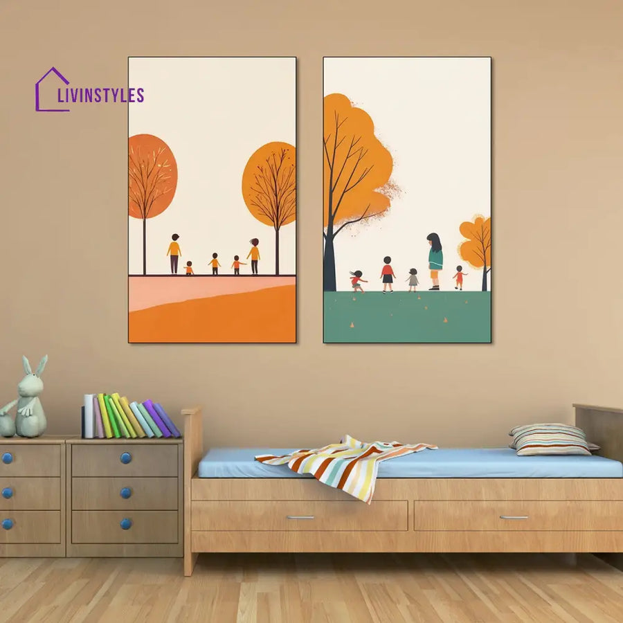 Children’s Joyful Outdoor Playtime Canvas Wall Painting For Kids Room Set Of 2