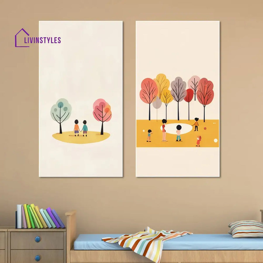 Children’s Joyful Outdoor Playtime Canvas Wall Painting Set Of 2