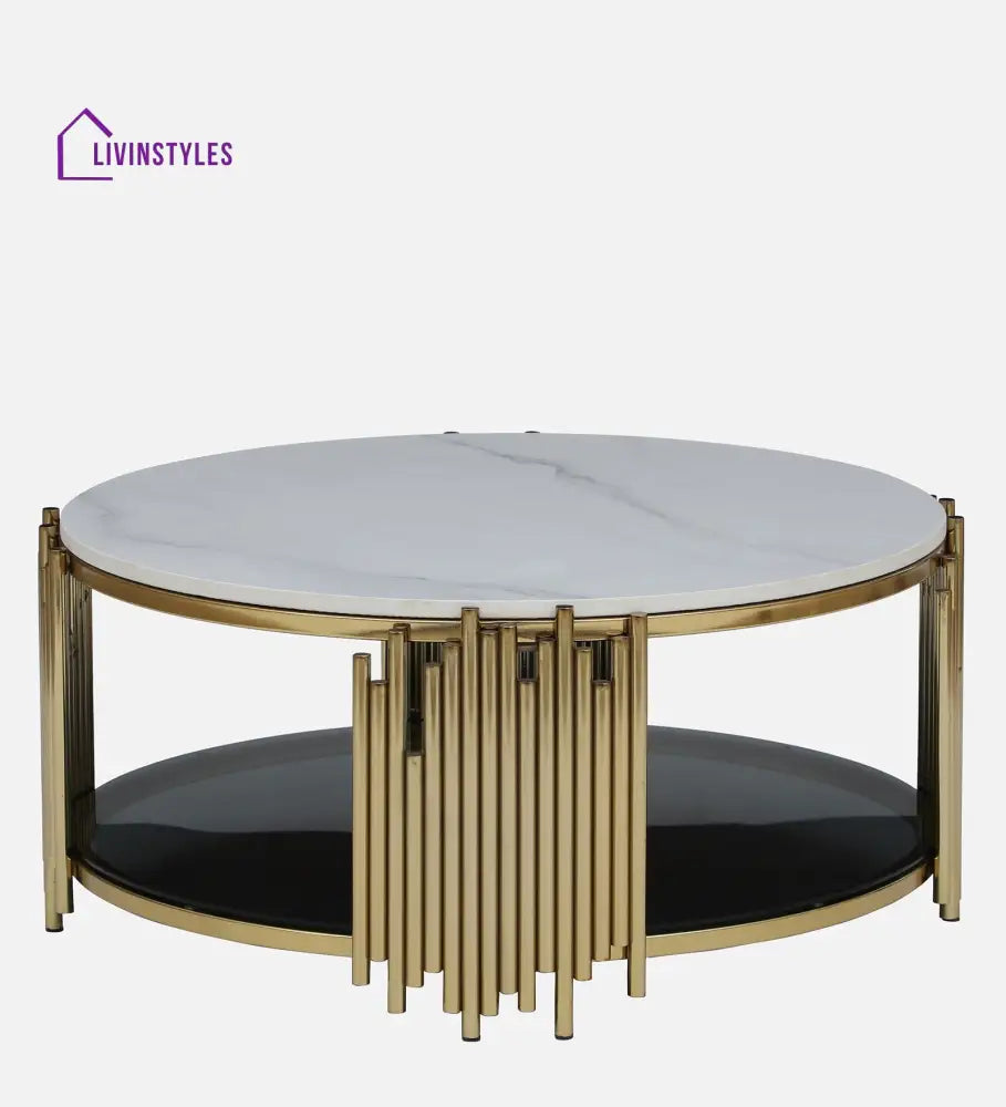 Chirag Metal Round Coffee Table In Golden Base With Marble Top