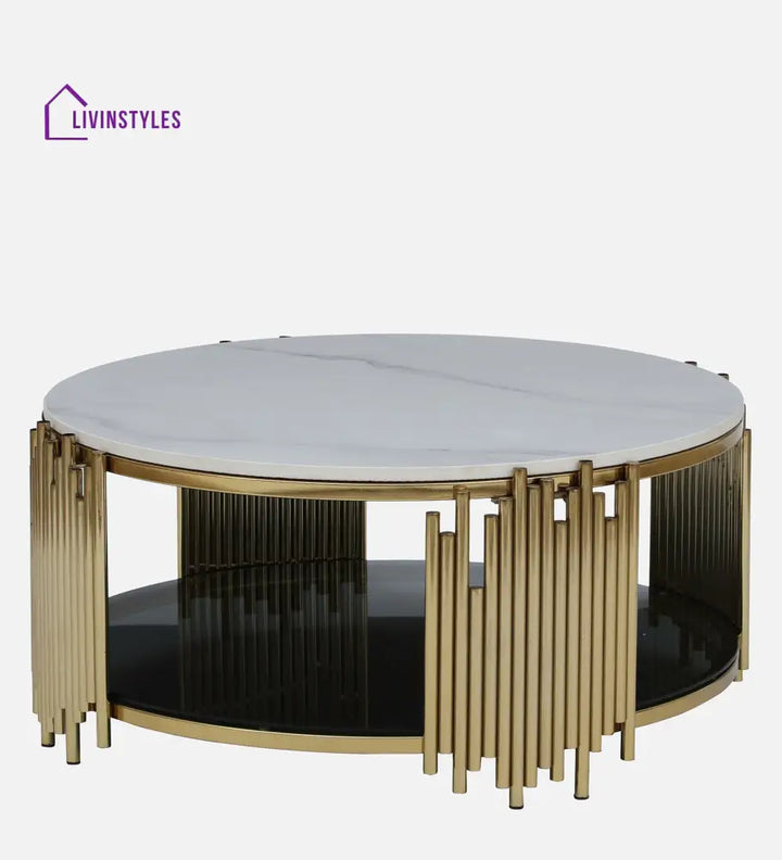 Chirag Metal Round Coffee Table In Golden Base With Marble Top