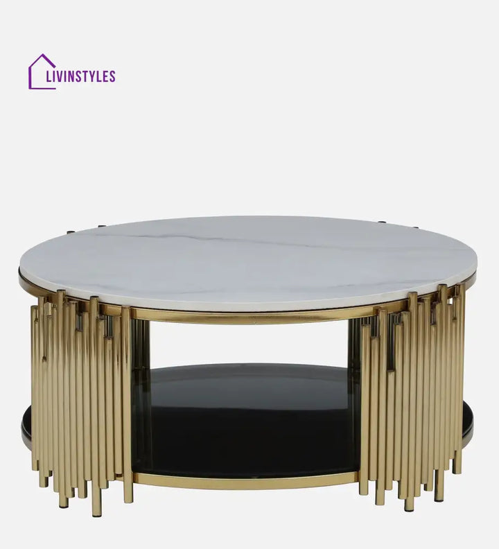 Chirag Metal Round Coffee Table In Golden Base With Marble Top