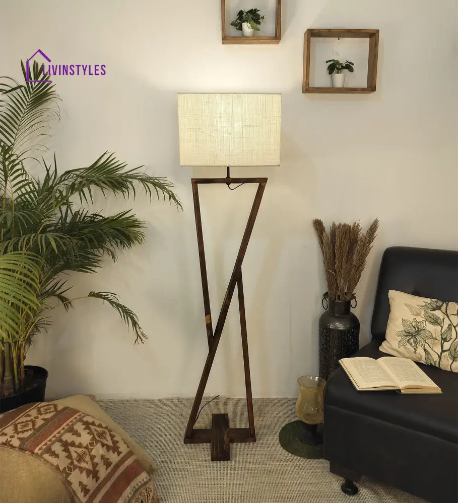 Chloe Wooden Floor Lamp With Brown Base And Jute Fabric Lampshade Lamps