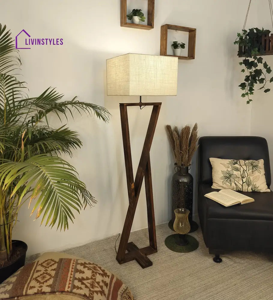 Chloe Wooden Floor Lamp With Brown Base And Jute Fabric Lampshade Lamps