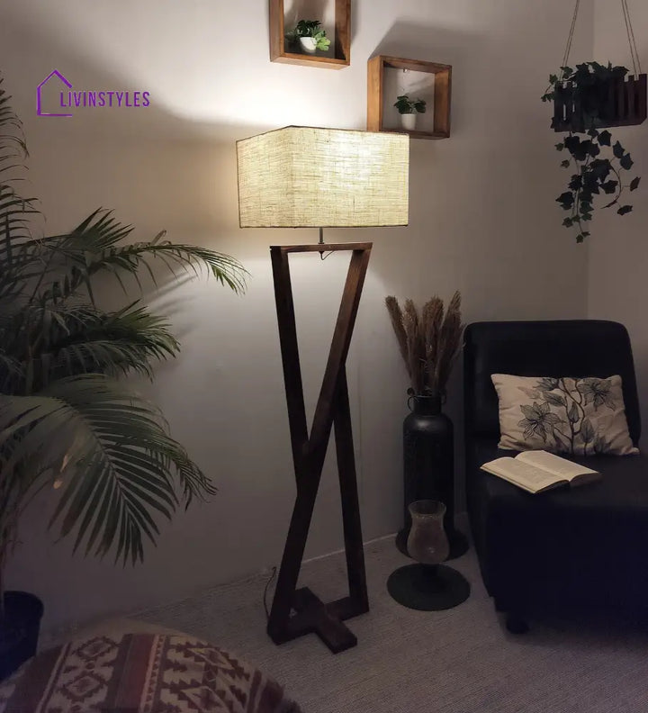 Chloe Wooden Floor Lamp With Brown Base And Jute Fabric Lampshade Lamps