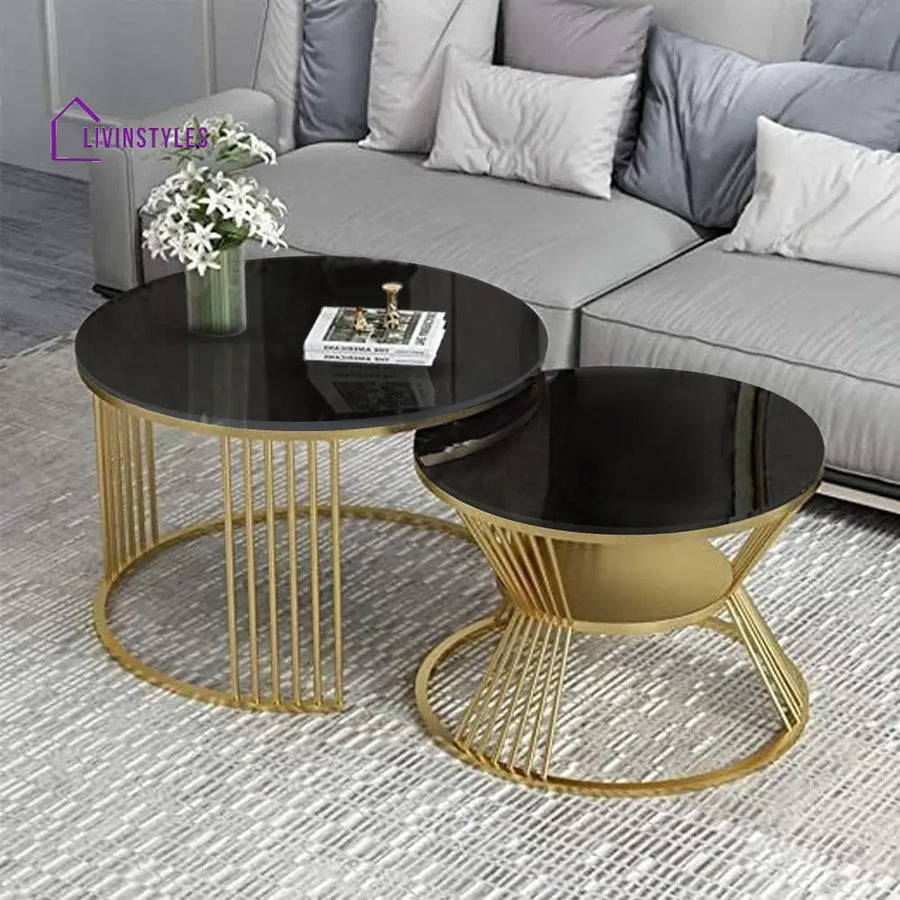 Classic Tethered Metallic Black Marble Table Set of 2 Table