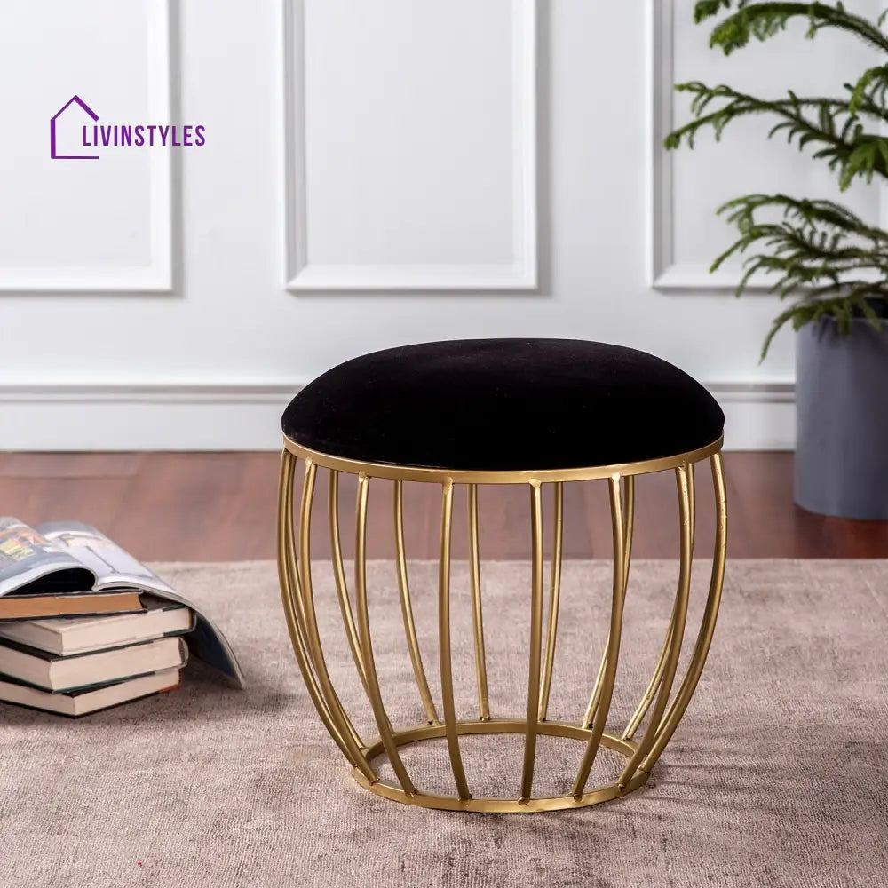 Classic Velvet Cage Metallic Stool In Black Color Furniture