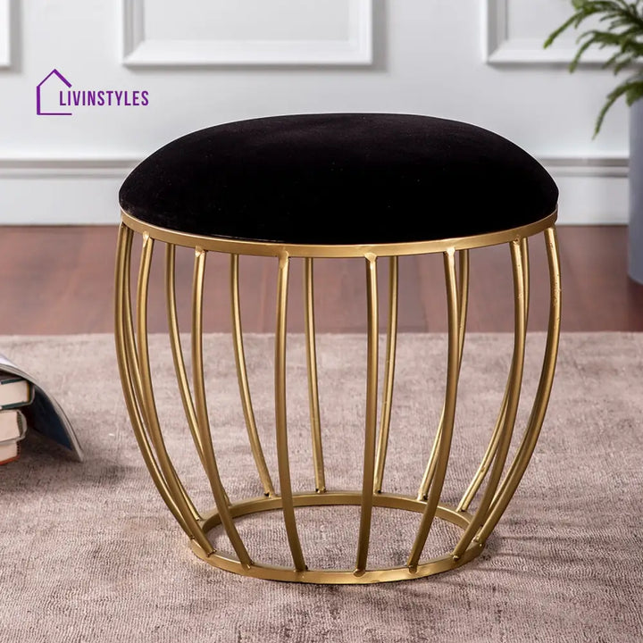 Classic Velvet Cage Metallic Stool In Black Color Set Of 2 Furniture