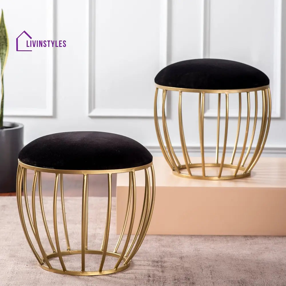 Classic Velvet Cage Metallic Stool In Black Color Set Of 2 Furniture