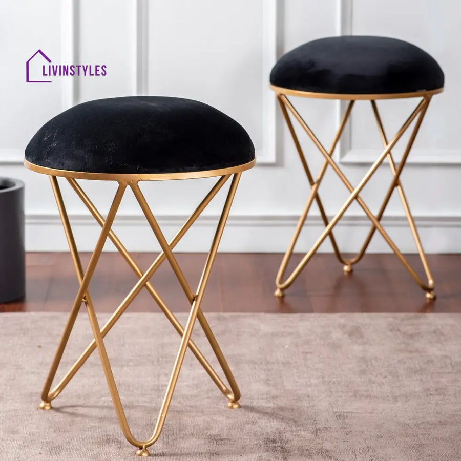 Classic Velvet Cross Metallic Stool In Black Color Set Of 2 Furniture