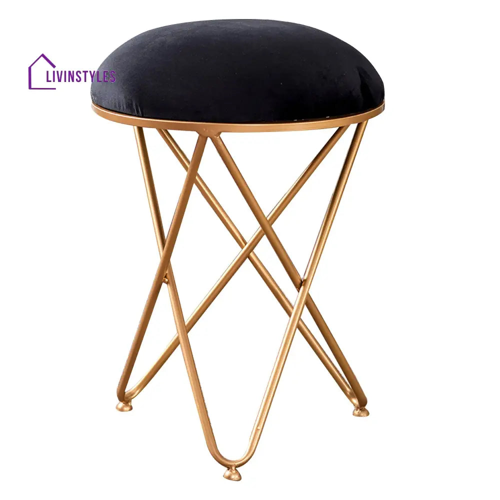 Classic Velvet Cross Metallic Stool In Black Color Set Of 2 Furniture