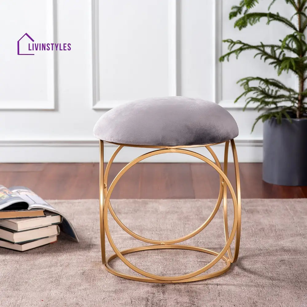 Classic Velvet Ring Metallic Stool In Grey Color Furniture