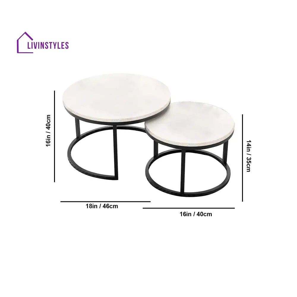 Classic White with Black Metallic Finish Round Coffee Table Set of 2 Table