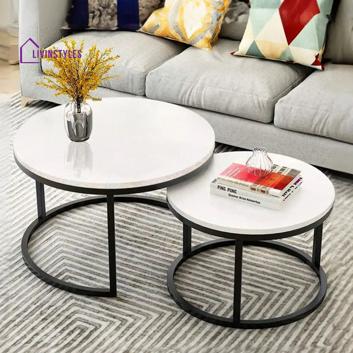 Classic White with Black Metallic Finish Round Coffee Table Set of 2 Table