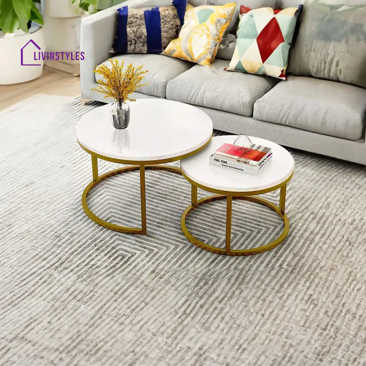 Classic White with Golden Metallic Finish Round Coffee Table Set of 2 Table