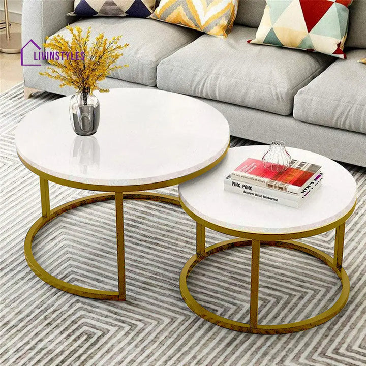 Classic White with Golden Metallic Finish Round Coffee Table Set of 2 Table