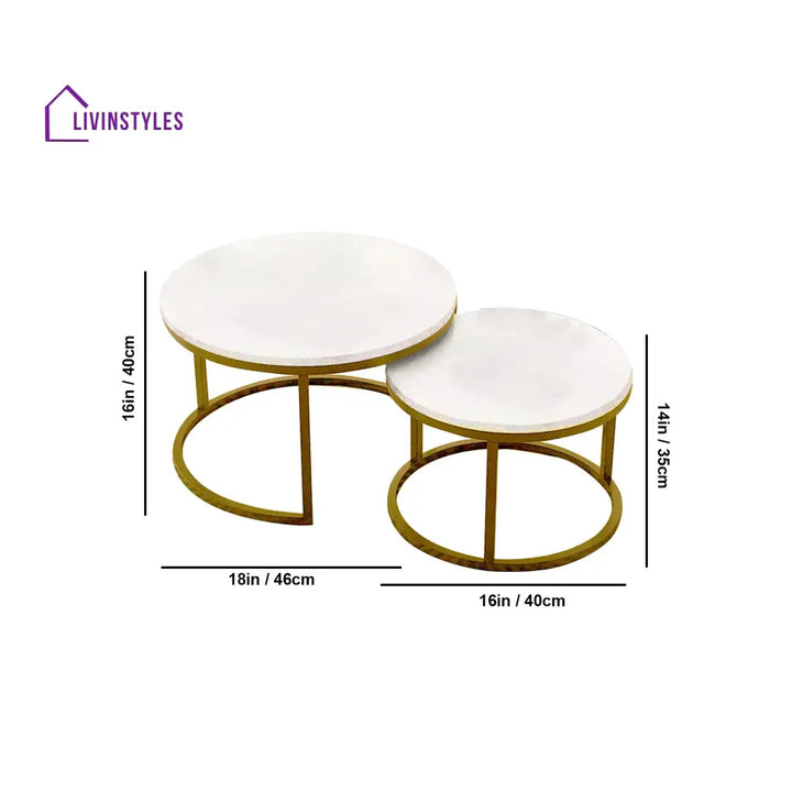 Classic White with Golden Metallic Finish Round Coffee Table Set of 2 Table