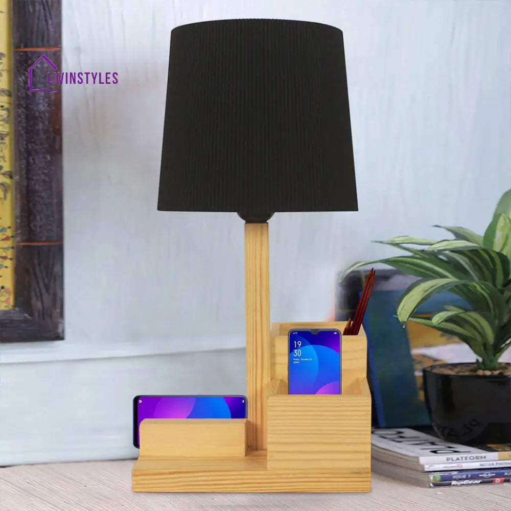 Classic Wooden Table Lamp With Black Fabric Lampshade And Desk Organiser Lamps