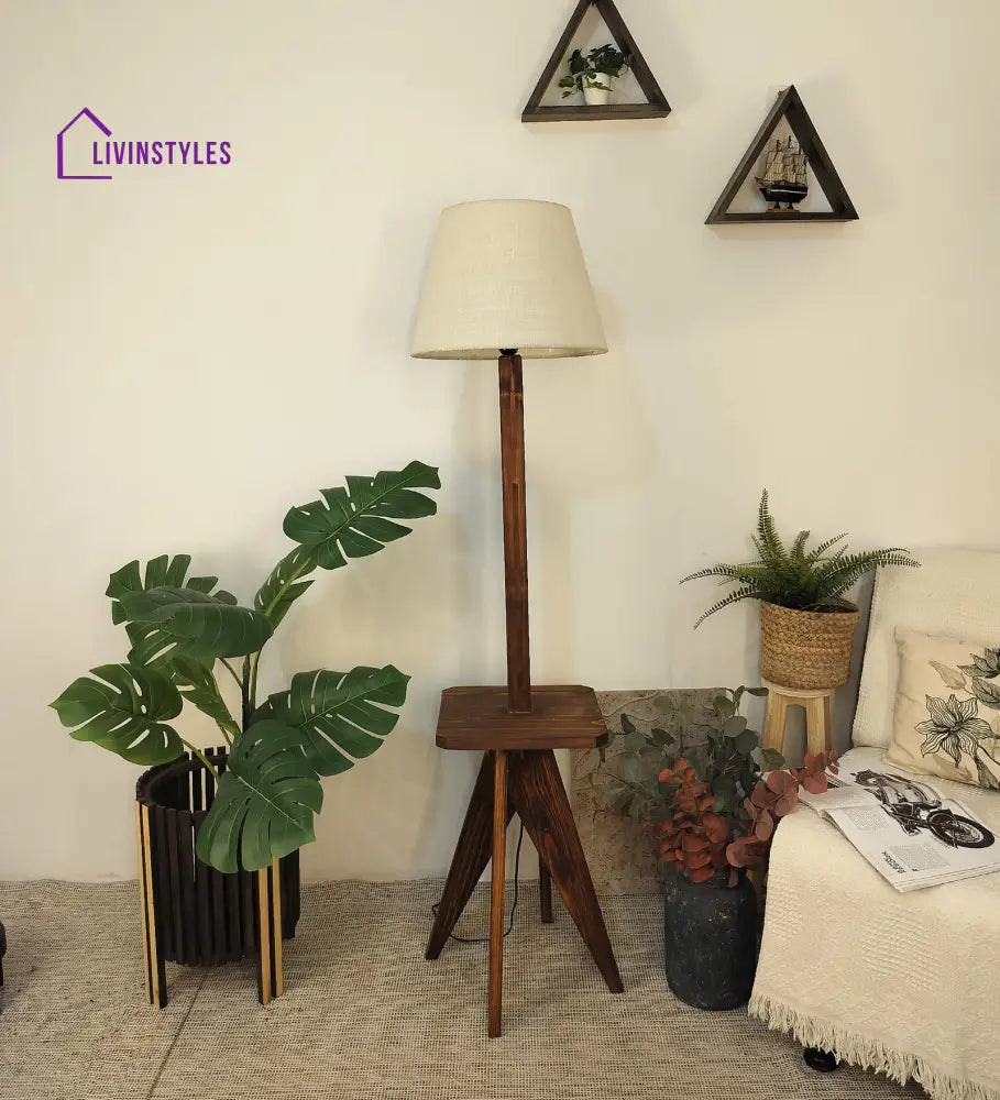 Claude Wooden Floor Lamp With Brown Base And Jute Fabric Lampshade Lamps