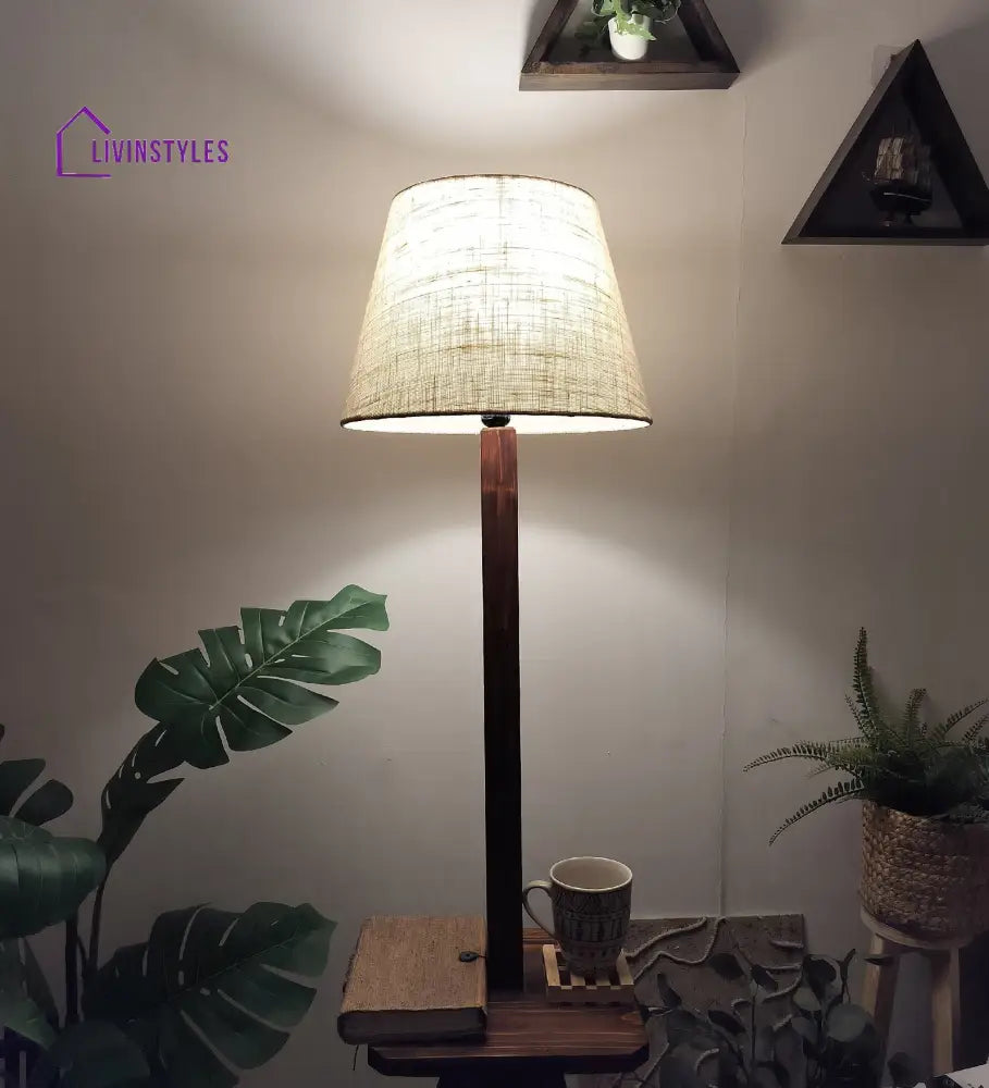 Claude Wooden Floor Lamp With Brown Base And Jute Fabric Lampshade Lamps