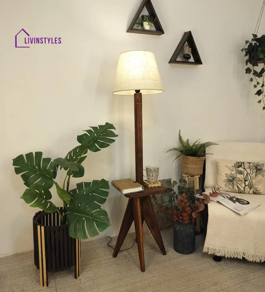 Claude Wooden Floor Lamp With Brown Base And Jute Fabric Lampshade Lamps