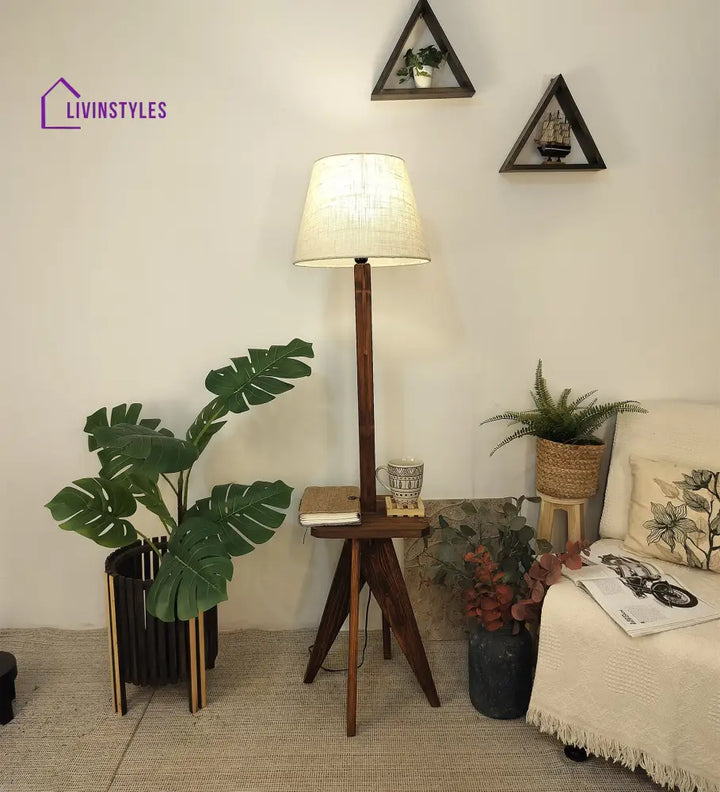 Claude Wooden Floor Lamp With Brown Base And Jute Fabric Lampshade Lamps