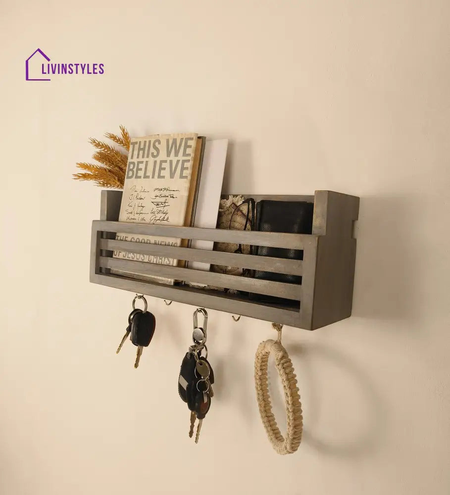 Claude Wooden Wall Shelf Organiser With Key Holders