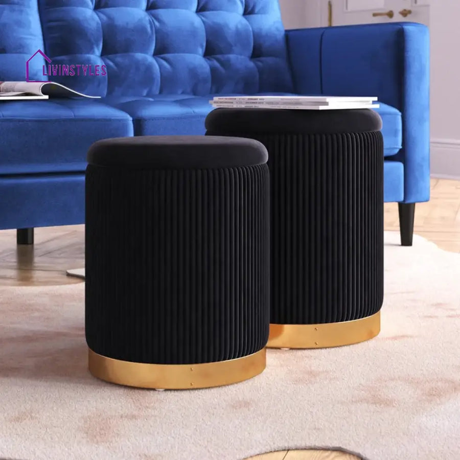 Clover Black Velvet Round Storage Ottoman with Storage Set of 2 Chairs