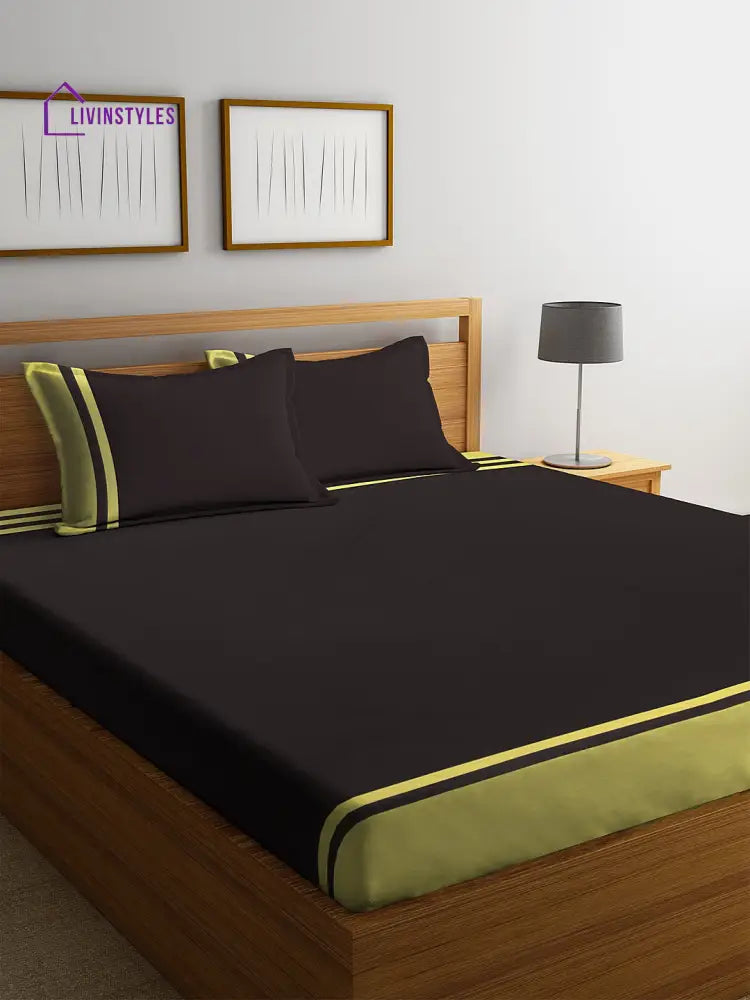 Coffee Brown & Lime Green Geometric 260 Tc Cotton 1 King Bedsheet With 2 Pillow Covers Bed Sheets